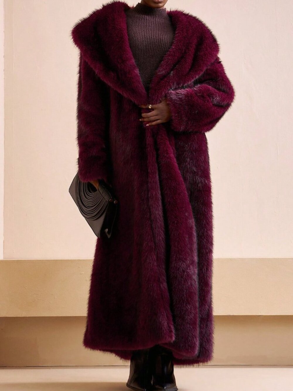Burgundy Ombre Casual Fluffy Women's Faux Fur Parka Coat - Picture 5 of 6